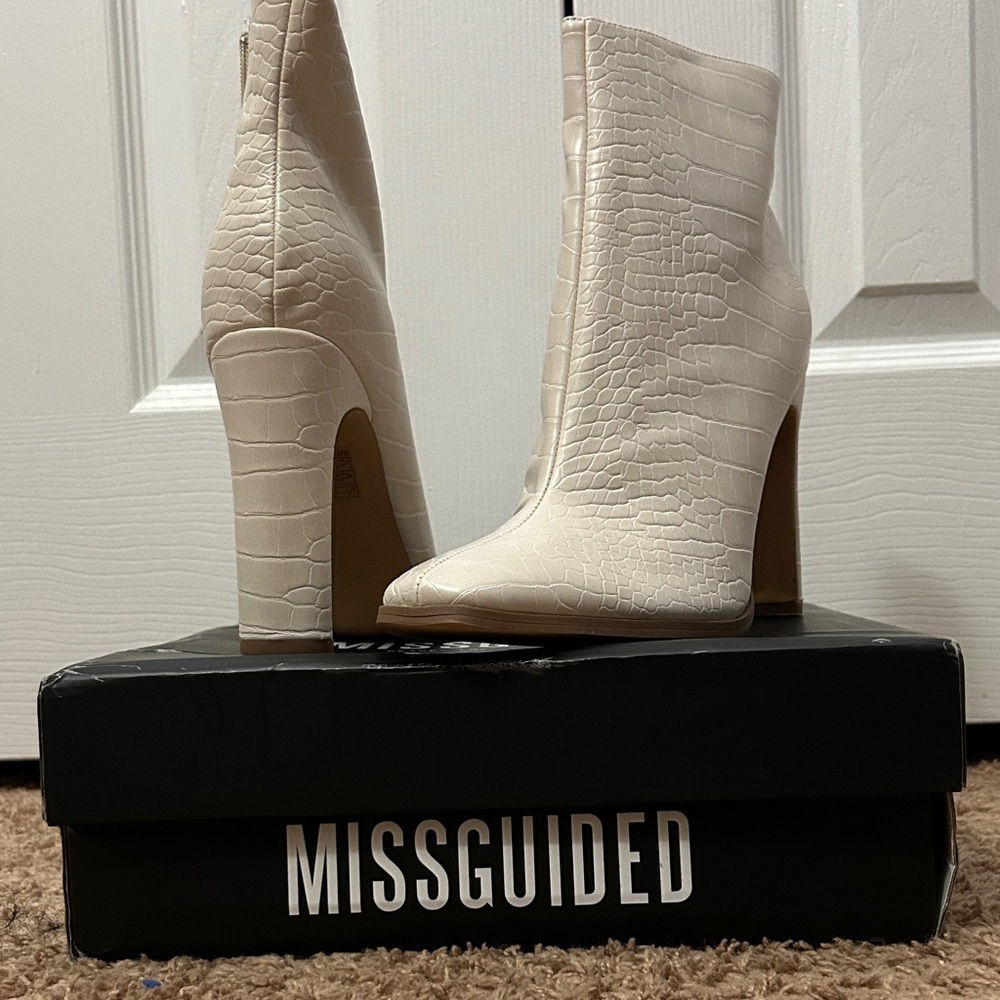 Missguided Ivory Croc-Patterned Heeled Boots